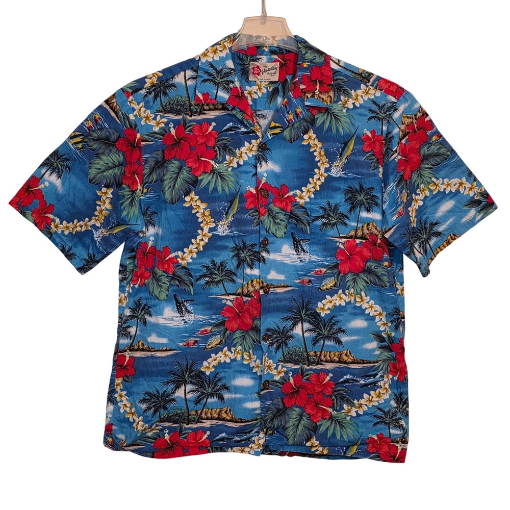 Hilo Hattie Hawaiian Original Mens Large Blue Hibiscus Surf Scene Button Shirt L
